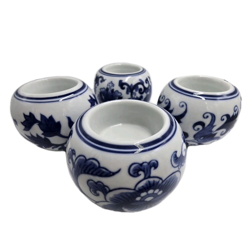Set 4 Bombay Asian Garden Votive Tea Light Candle Holders Blue & White Ceramic